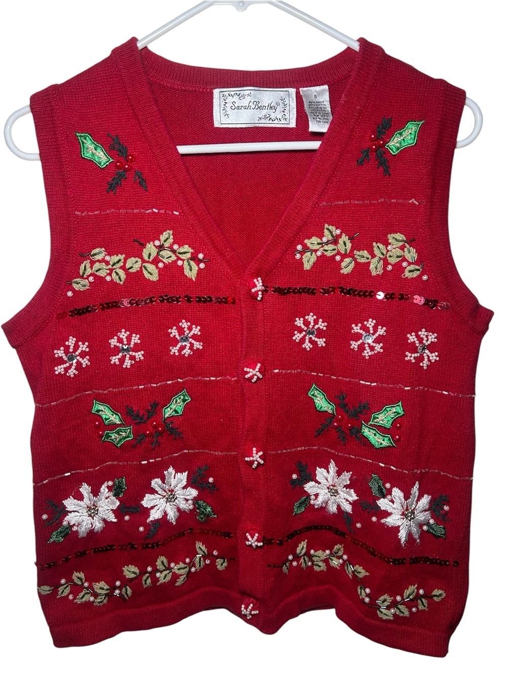 Sarah Bentley Red Embellished Holiday Sweater Vest Christmas Ugly Sweater Vintag